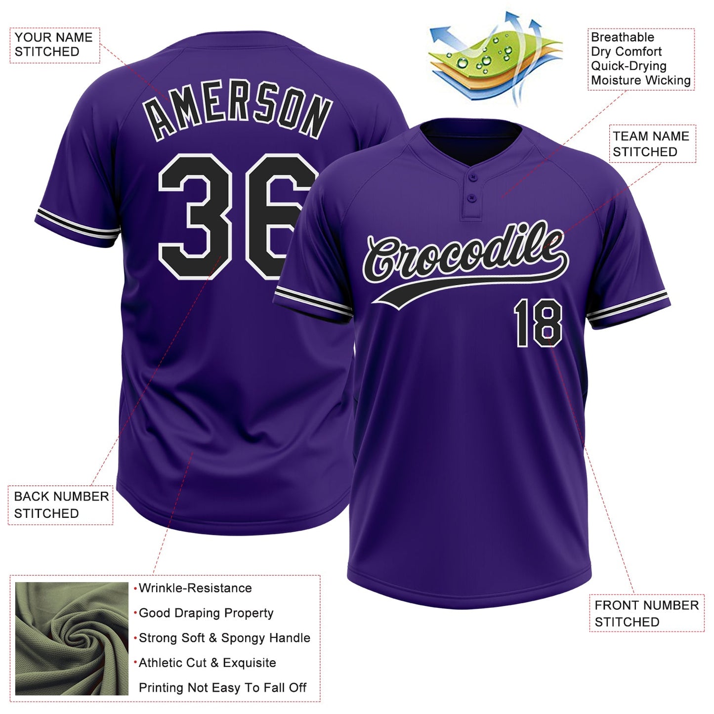 Custom Purple Black-White Two-Button Unisex Softball Jersey Limited