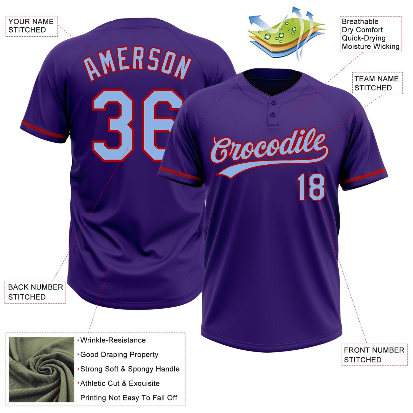 Custom Purple Light Blue-Red Two-Button Unisex Softball Jersey Limited