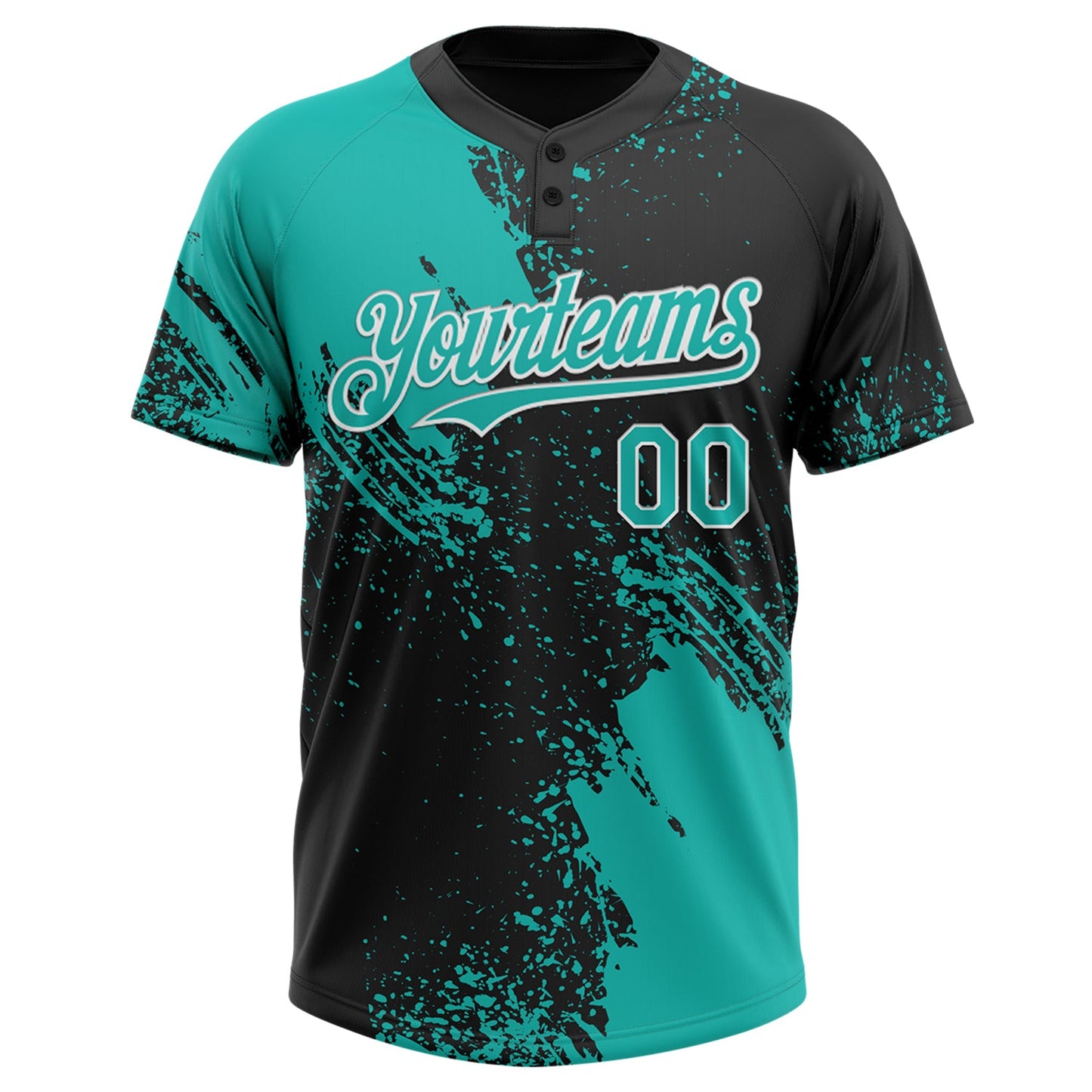 Custom Aqua Black-White 3D Pattern Abstract Brush Stroke Two-Button Unisex Softball Jersey Limited
