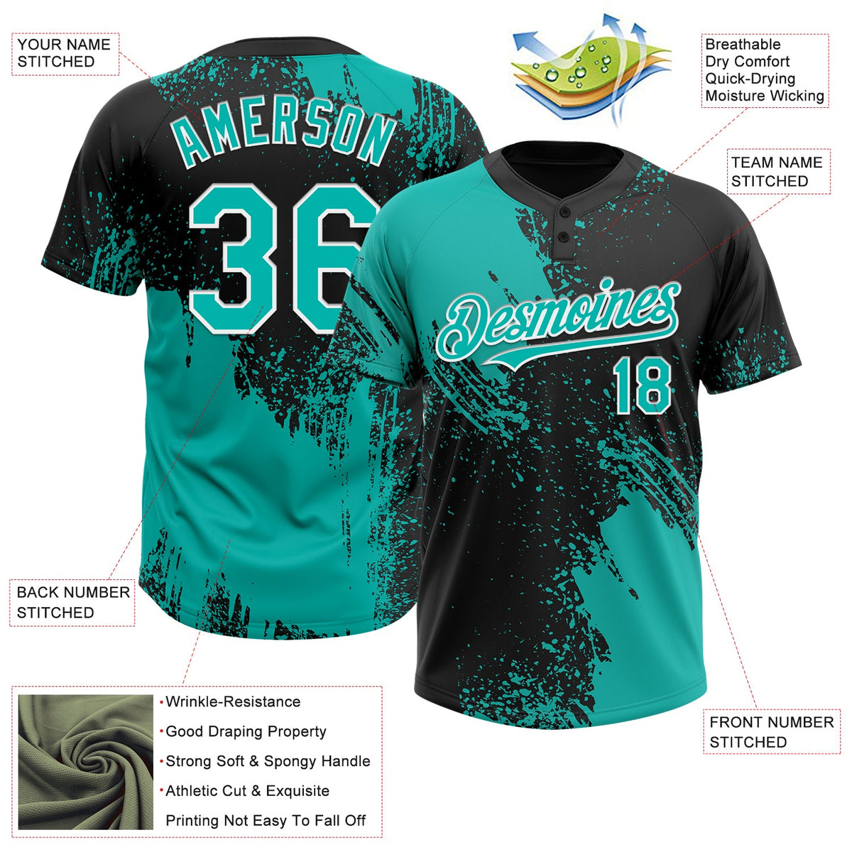 Custom Aqua Black-White 3D Pattern Abstract Brush Stroke Two-Button Unisex Softball Jersey Limited