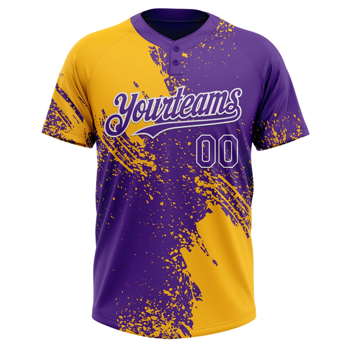 Custom Gold Purple-White 3D Pattern Abstract Brush Stroke Two-Button Unisex Softball Jersey Limited