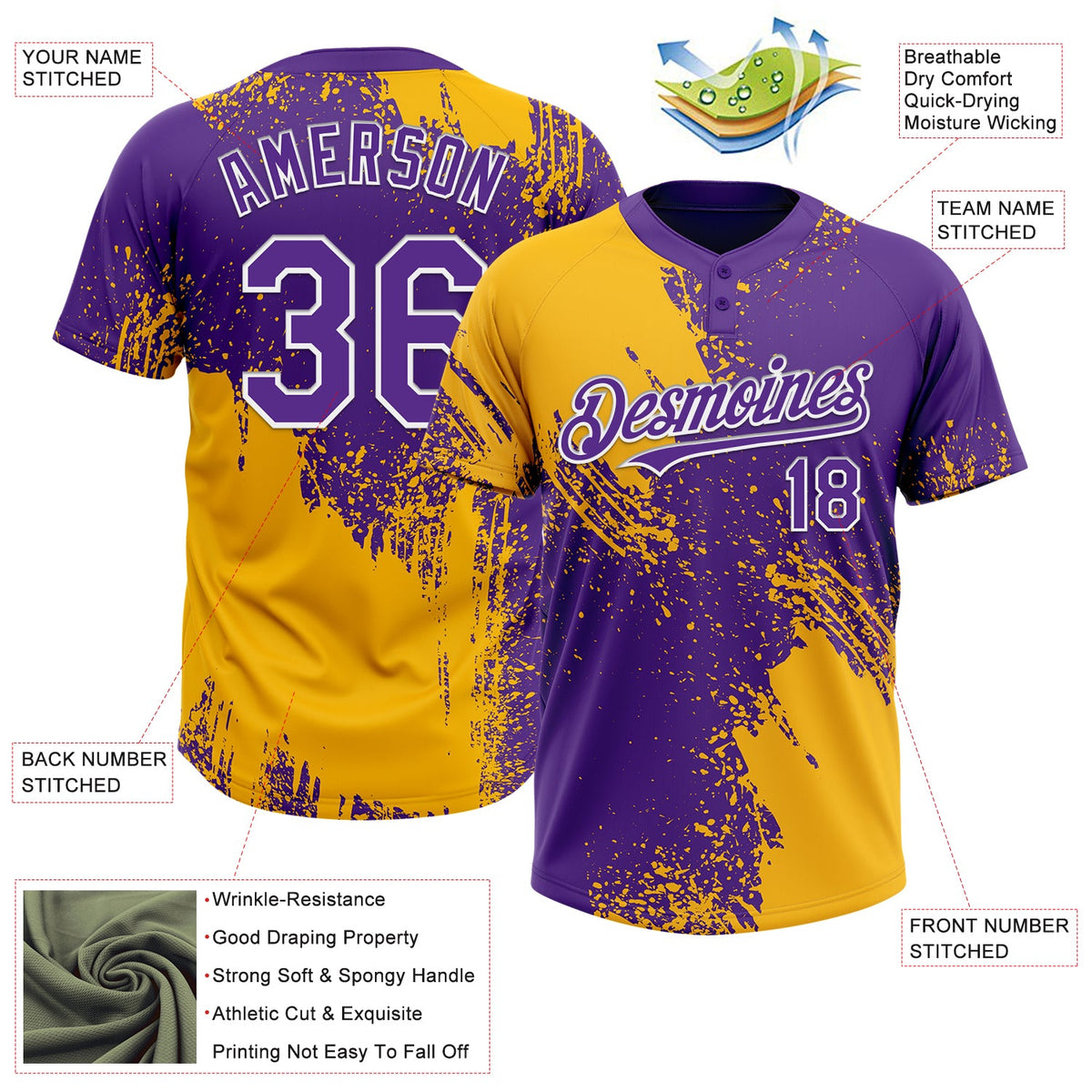 Custom Gold Purple-White 3D Pattern Abstract Brush Stroke Two-Button Unisex Softball Jersey Limited