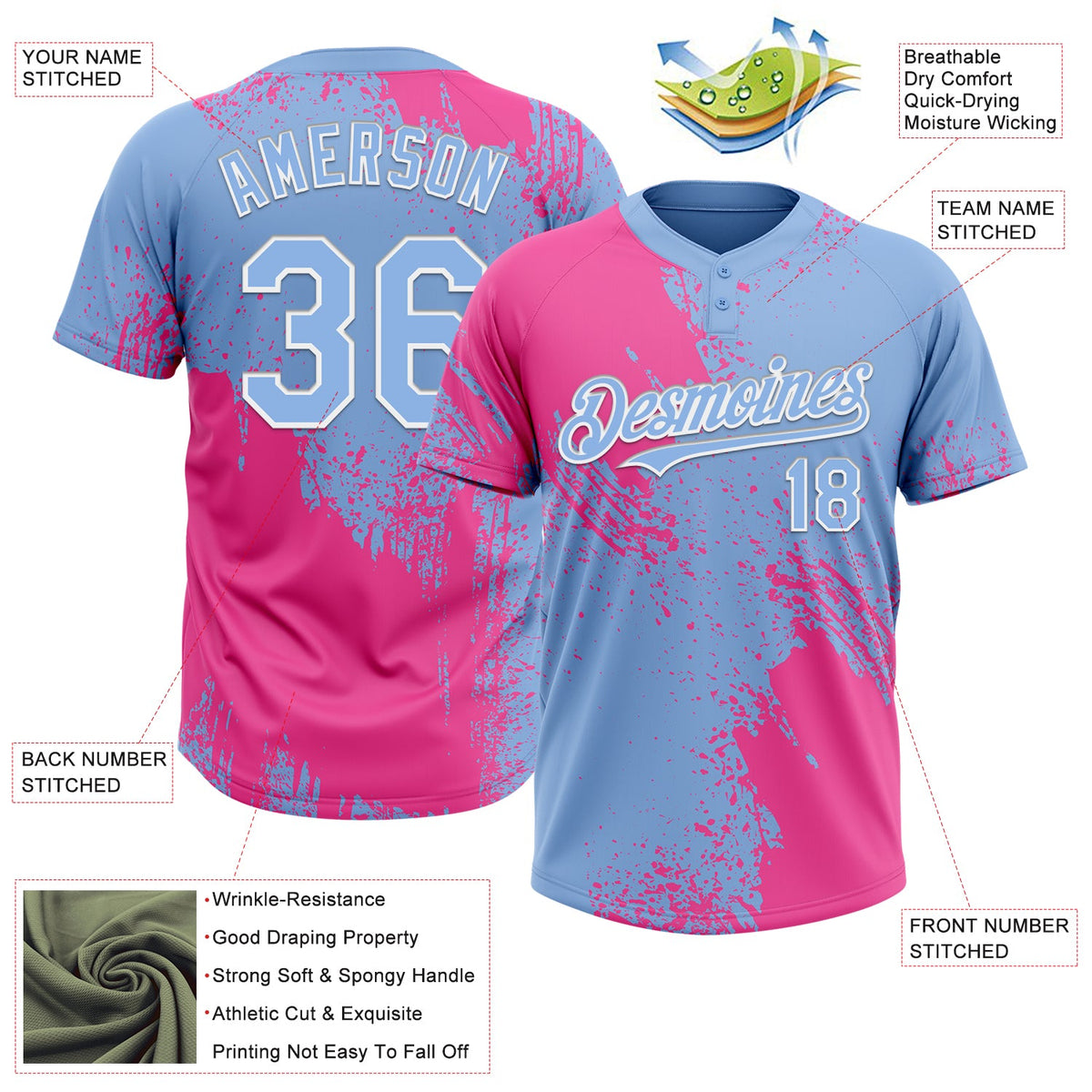 Custom Pink Light Blue-White 3D Pattern Abstract Brush Stroke Two-Button Unisex Softball Jersey Limited