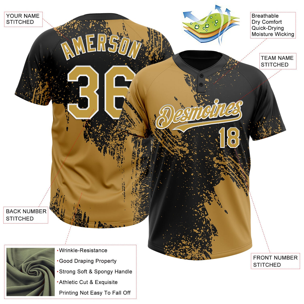 Custom Old Gold Black-White 3D Pattern Abstract Brush Stroke Two-Button Unisex Softball Jersey Limited