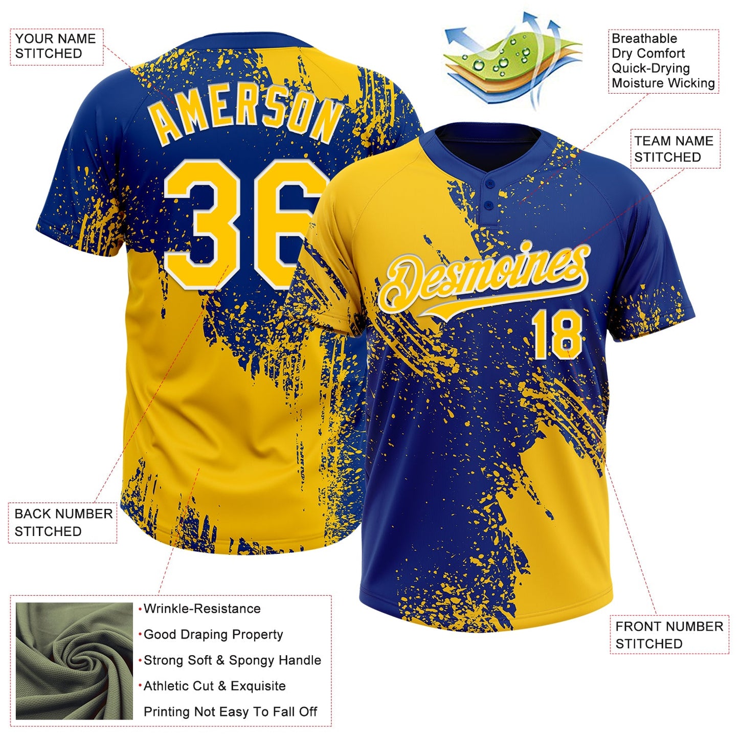Custom Yellow Royal-White 3D Pattern Abstract Brush Stroke Two-Button Unisex Softball Jersey Limited