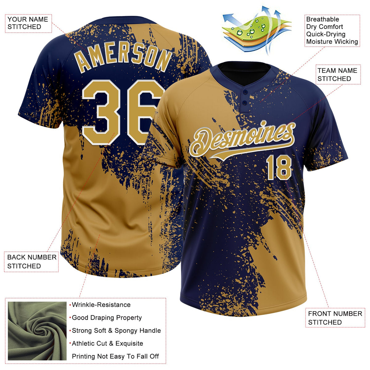 Custom Old Gold Navy-White 3D Pattern Abstract Brush Stroke Two-Button Unisex Softball Jersey Limited