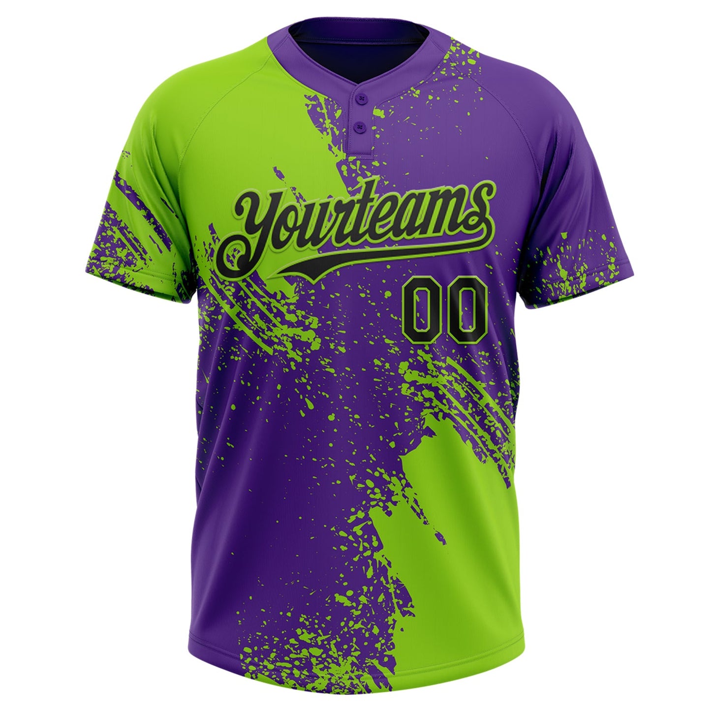 Custom Neon Green Black-Purple 3D Pattern Abstract Brush Stroke Two-Button Unisex Softball Jersey Limited