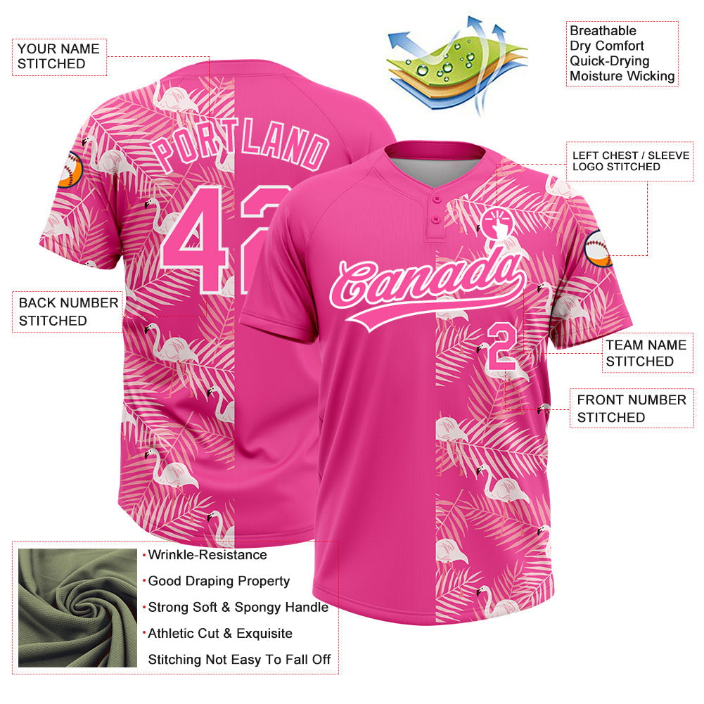 Custom Pink White 3D Pattern Tropical Palm Leaves And Famingo Two-Button Unisex Softball Jersey Limited