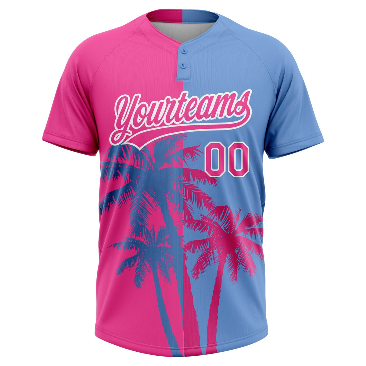 Custom Pink Light Blue-White 3D Pattern Hawaii Coconut Trees Two-Button Unisex Softball Jersey Limited