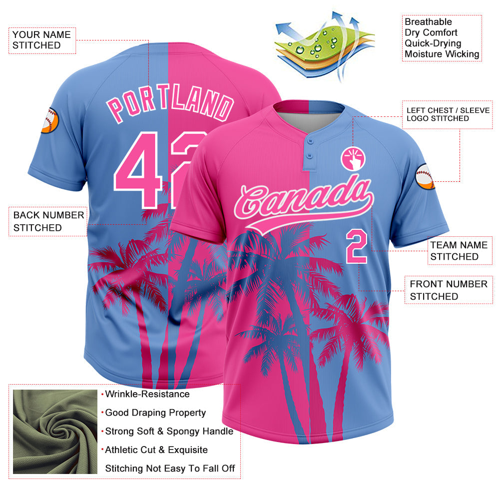 Custom Pink Light Blue-White 3D Pattern Hawaii Coconut Trees Two-Button Unisex Softball Jersey Limited