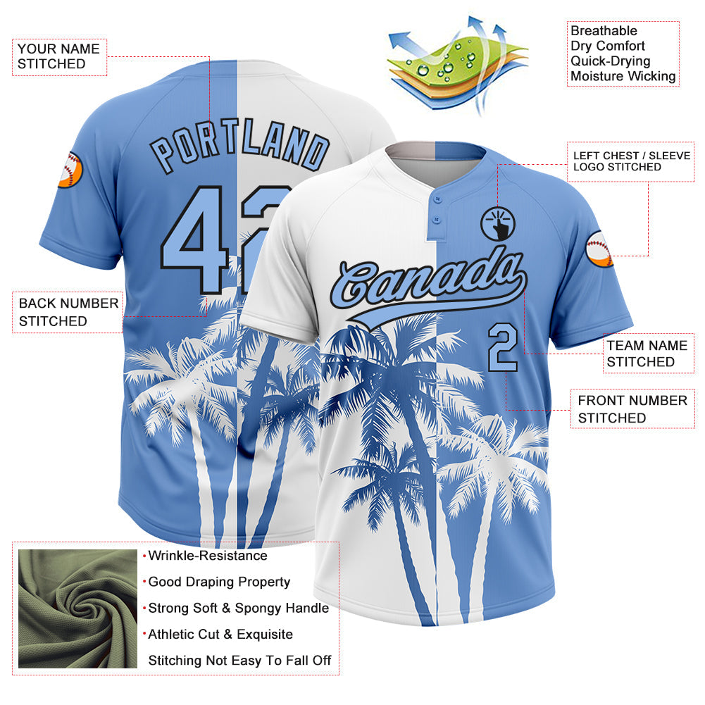 Custom White Light Blue-Black 3D Pattern Hawaii Coconut Trees Two-Button Unisex Softball Jersey Limited
