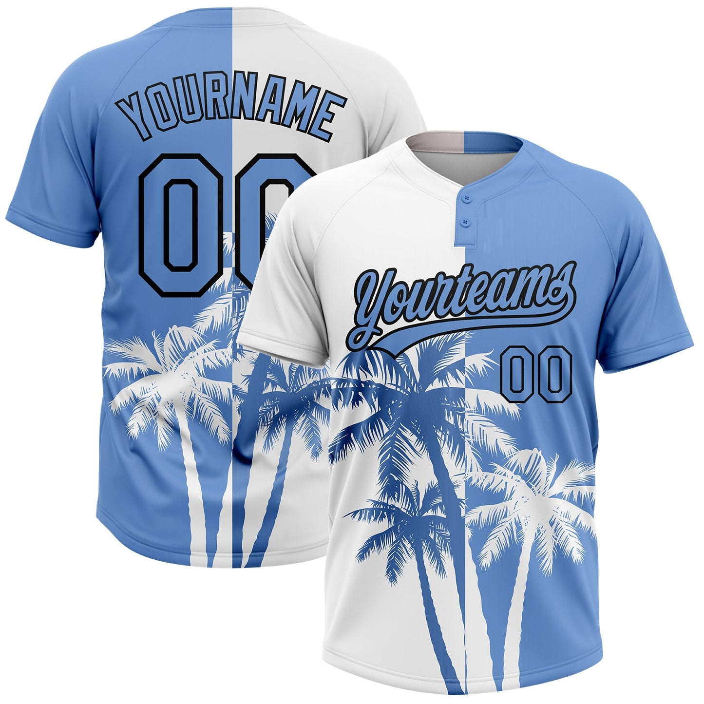 Custom White Light Blue-Black 3D Pattern Hawaii Coconut Trees Two-Button Unisex Softball Jersey