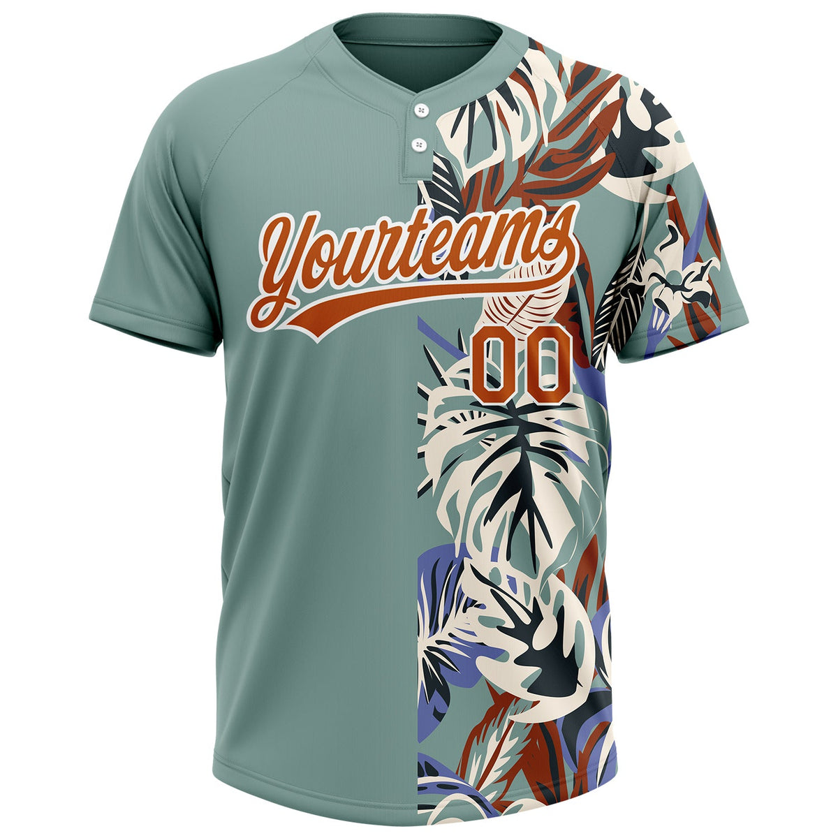 Custom Teal Texas Orange-White 3D Pattern Hawaii Tropical Palm Leaves Two-Button Unisex Softball Jersey Limited