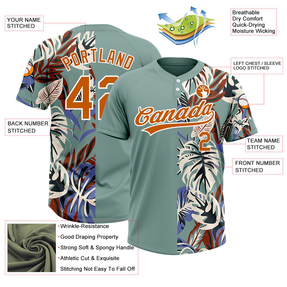 Custom Teal Texas Orange-White 3D Pattern Hawaii Tropical Palm Leaves Two-Button Unisex Softball Jersey Limited