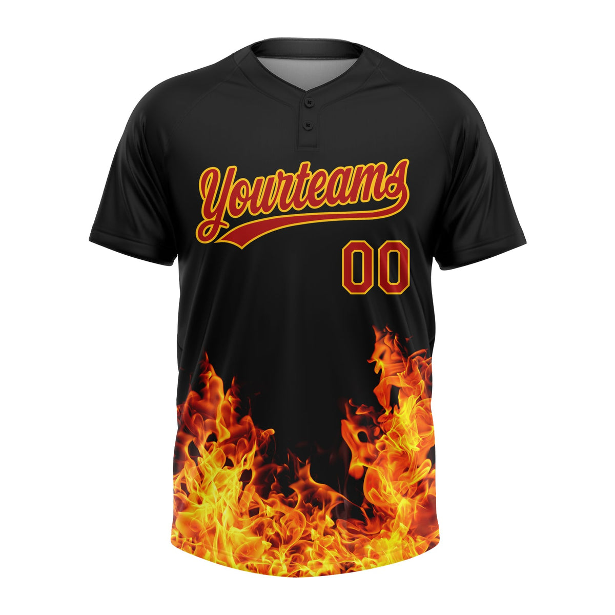 Custom Black Red-Gold 3D Pattern Design Flame Two-Button Unisex Softball Jersey Limited
