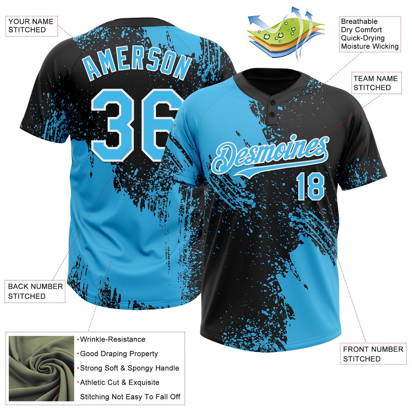Custom Sky Blue Black-White 3D Pattern Abstract Brush Stroke Two-Button Unisex Softball Jersey Limited