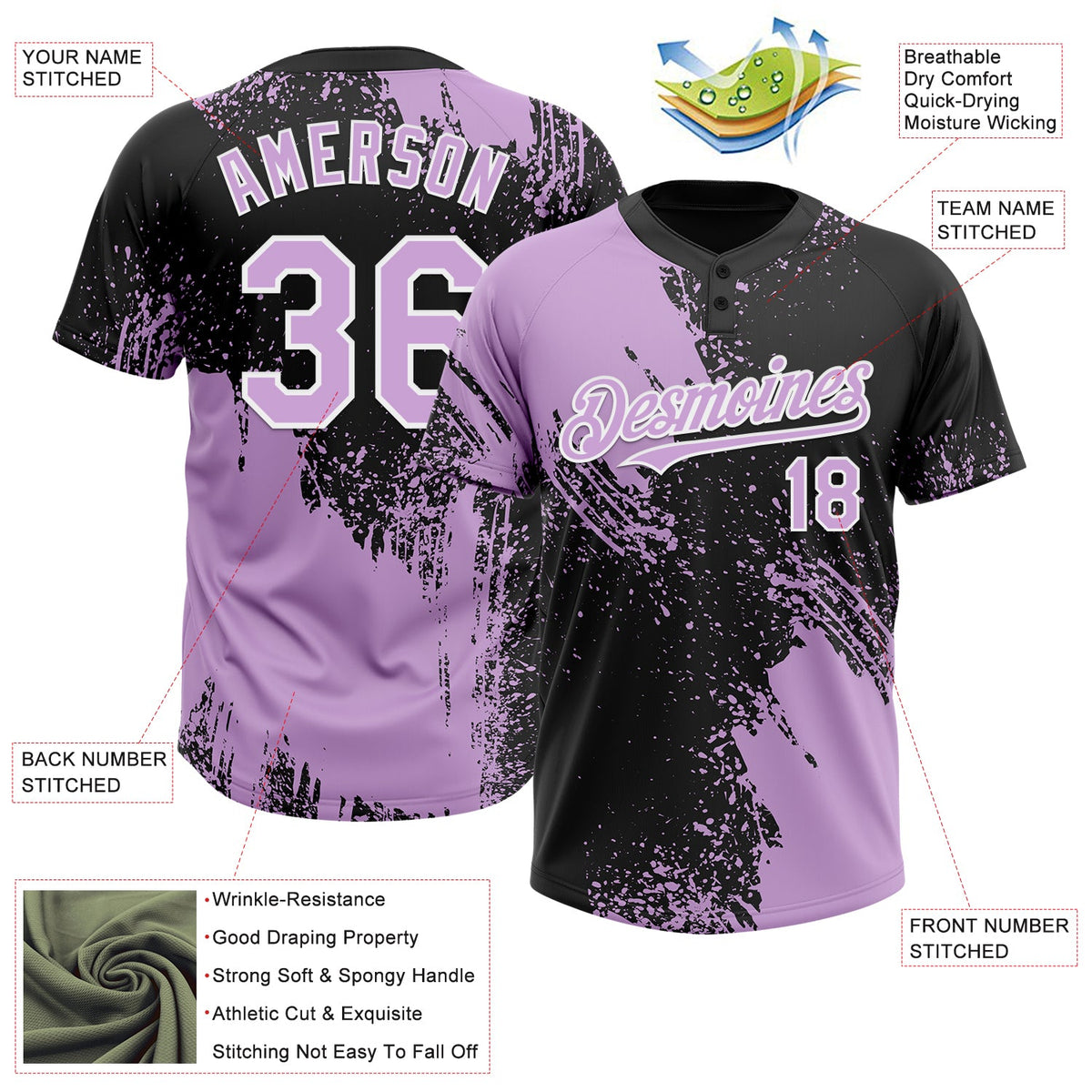 Custom Light Purple Black-White 3D Pattern Abstract Brush Stroke Two-Button Unisex Softball Jersey Limited