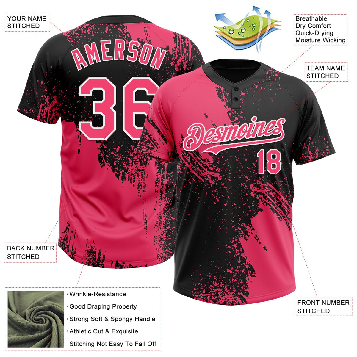 Custom Neon Pink Black-White 3D Pattern Abstract Brush Stroke Two-Button Unisex Softball Jersey Limited