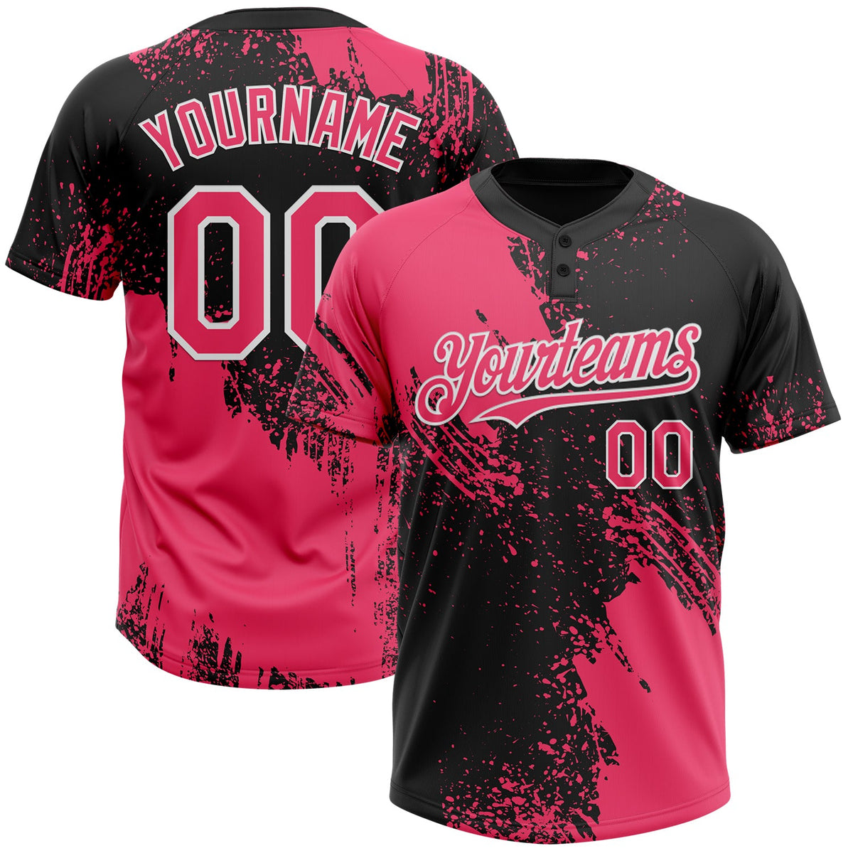 Custom Neon Pink Black-White 3D Pattern Abstract Brush Stroke Two-Button Unisex Softball Jersey