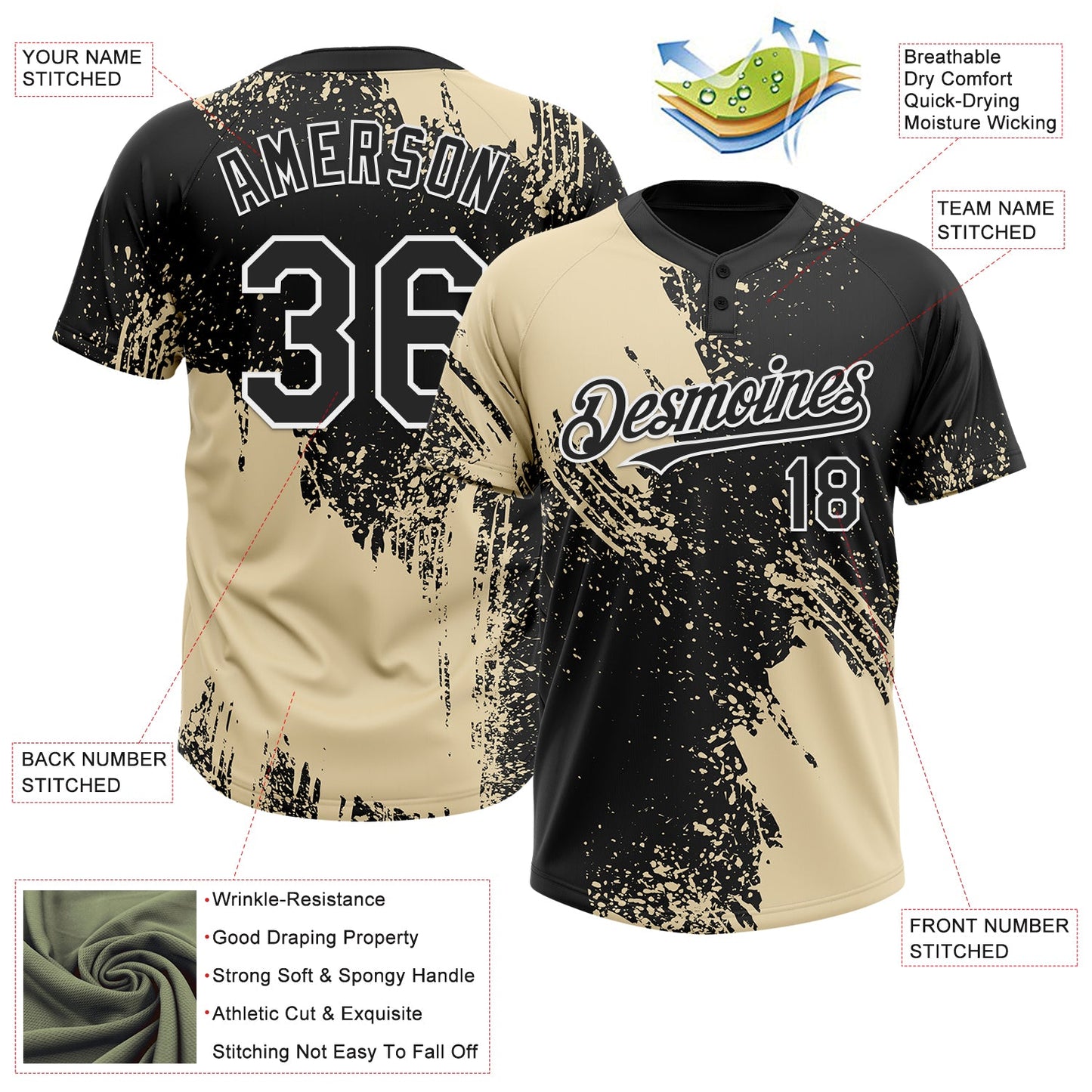 Custom Cream Black-White 3D Pattern Abstract Brush Stroke Two-Button Unisex Softball Jersey Limited