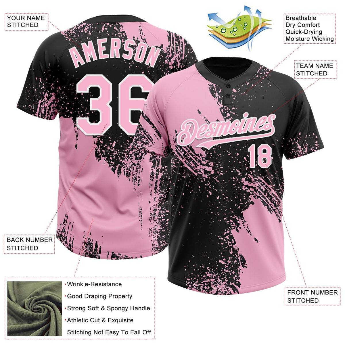 Custom Light Pink Black-White 3D Pattern Abstract Brush Stroke Two-Button Unisex Softball Jersey Limited