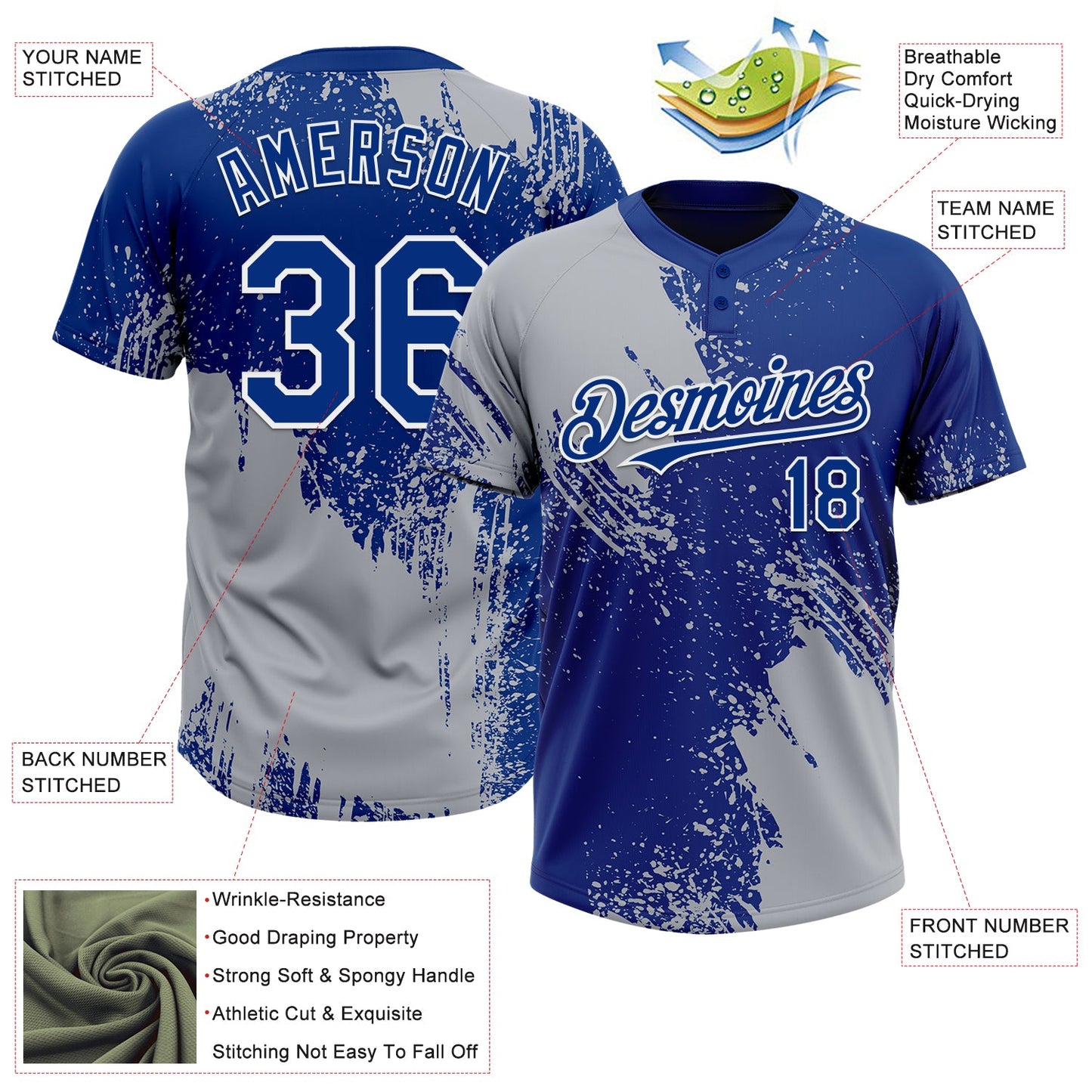 Custom Gray Royal-White 3D Pattern Abstract Brush Stroke Two-Button Unisex Softball Jersey Limited