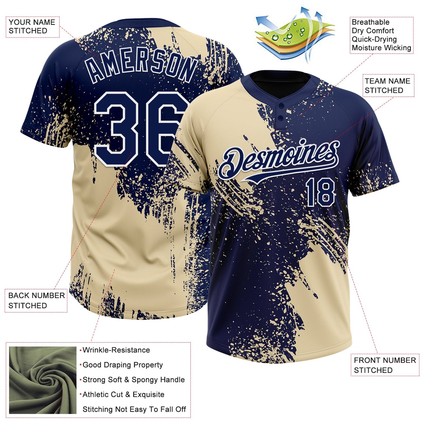 Custom Cream Navy-White 3D Pattern Abstract Brush Stroke Two-Button Unisex Softball Jersey Limited