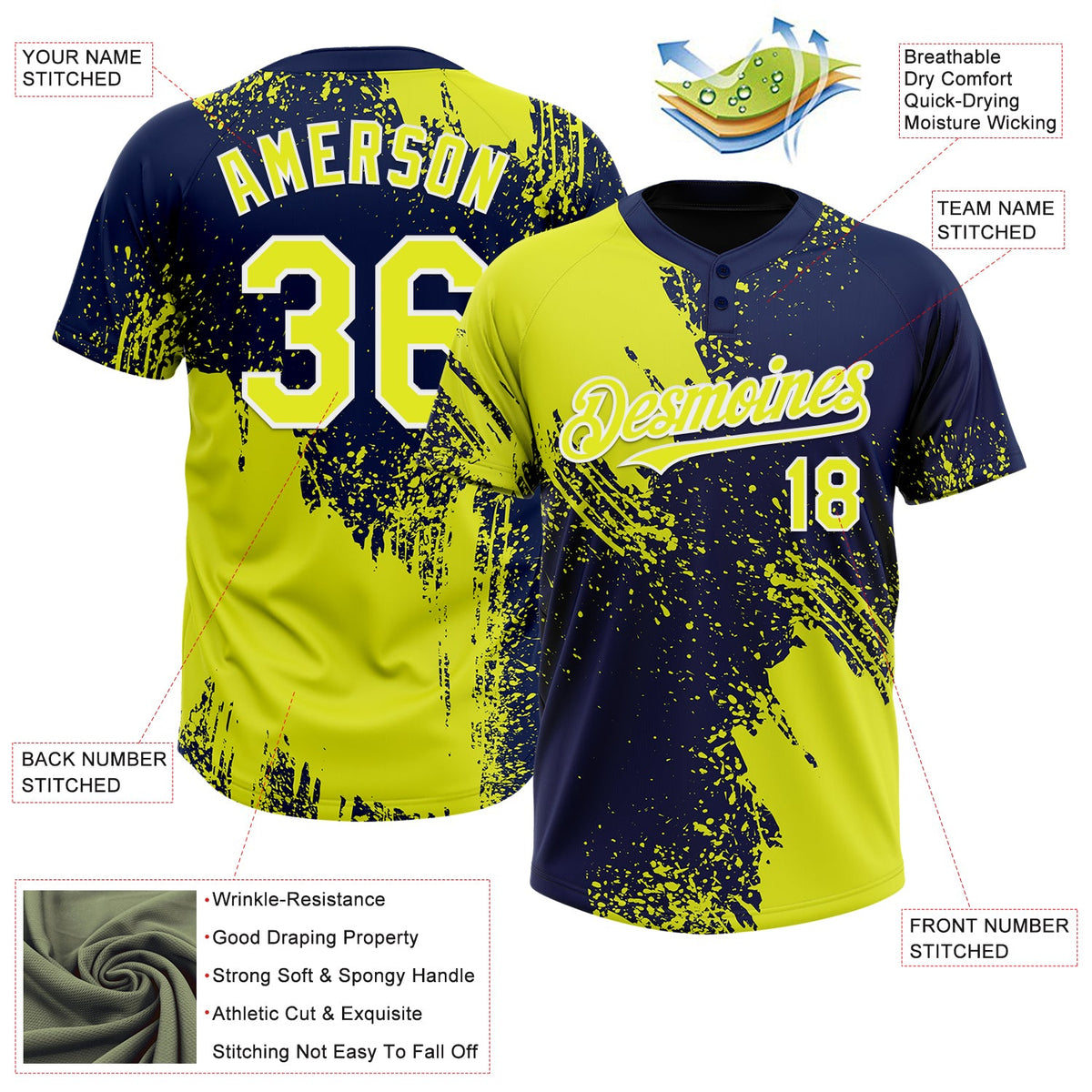 Custom Neon Yellow Navy-White 3D Pattern Abstract Brush Stroke Two-Button Unisex Softball Jersey Limited