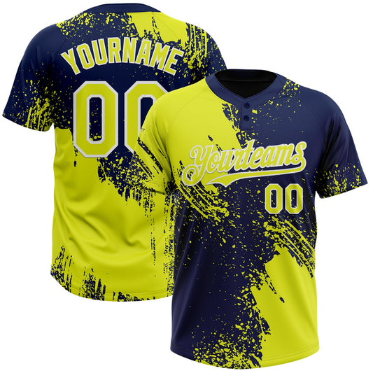Custom Neon Yellow Navy-White 3D Pattern Abstract Brush Stroke Two-Button Unisex Softball Jersey