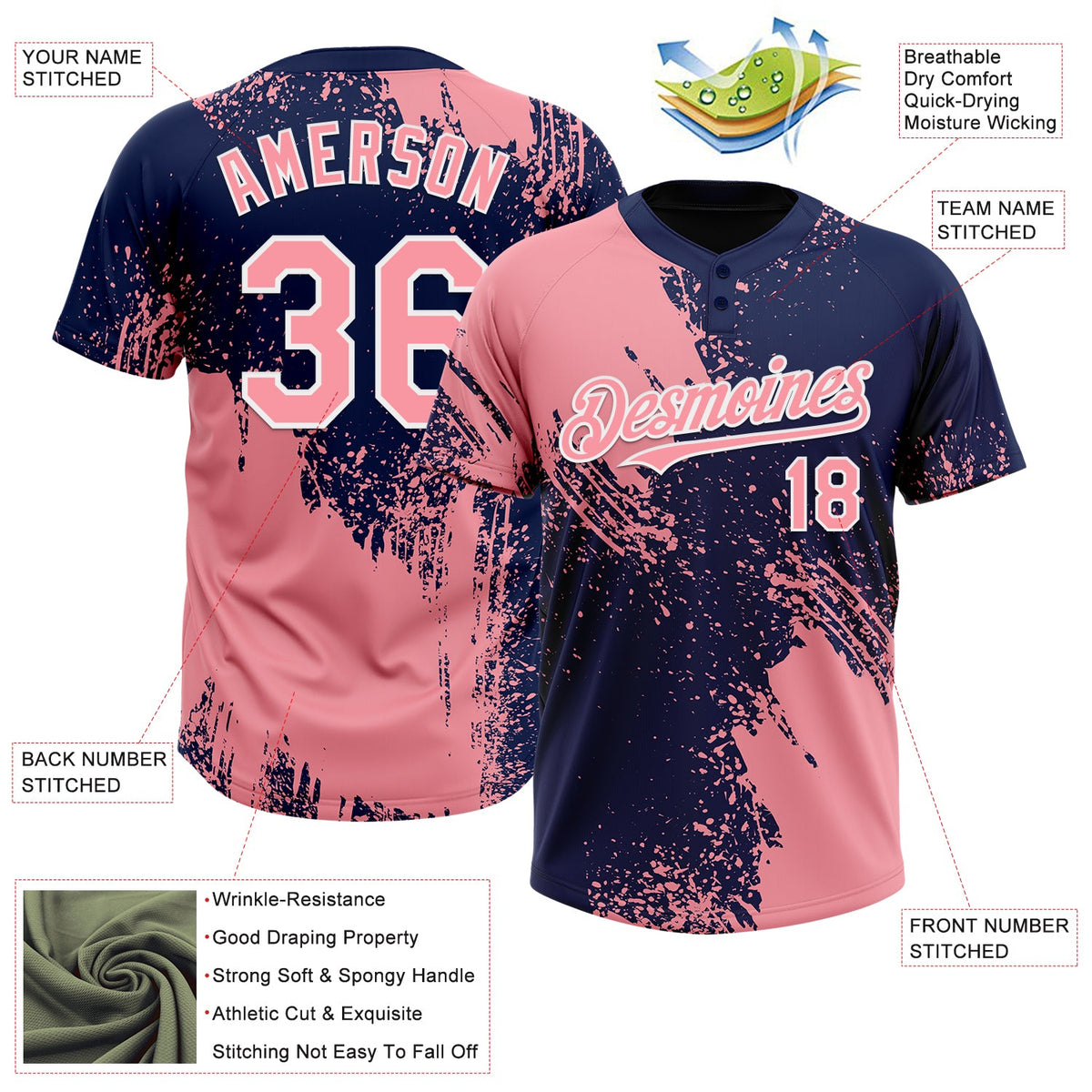 Custom Medium Pink Navy-White 3D Pattern Abstract Brush Stroke Two-Button Unisex Softball Jersey Limited