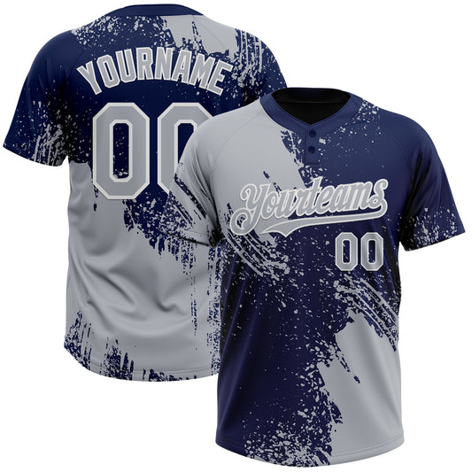 Custom Gray Navy-White 3D Pattern Abstract Brush Stroke Two-Button Unisex Softball Jersey