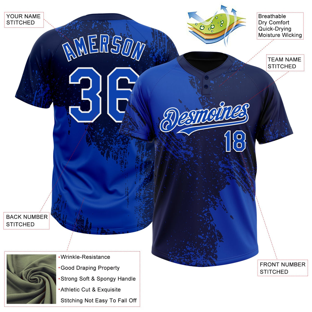 Custom Thunder Blue Navy-White 3D Pattern Abstract Brush Stroke Two-Button Unisex Softball Jersey Limited