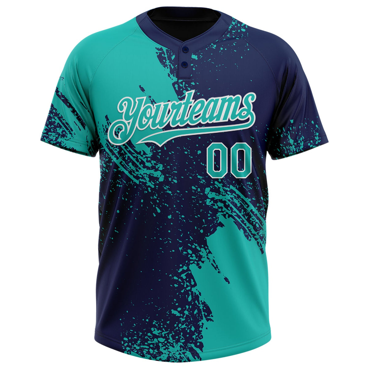 Custom Aqua Navy-White 3D Pattern Abstract Brush Stroke Two-Button Unisex Softball Jersey Limited