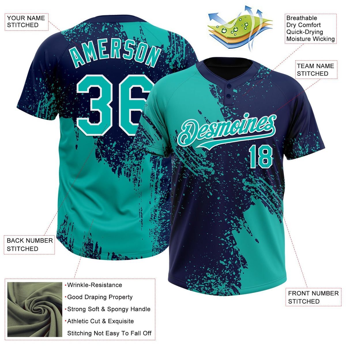 Custom Aqua Navy-White 3D Pattern Abstract Brush Stroke Two-Button Unisex Softball Jersey Limited