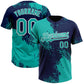 Custom Aqua Navy-White 3D Pattern Abstract Brush Stroke Two-Button Unisex Softball Jersey