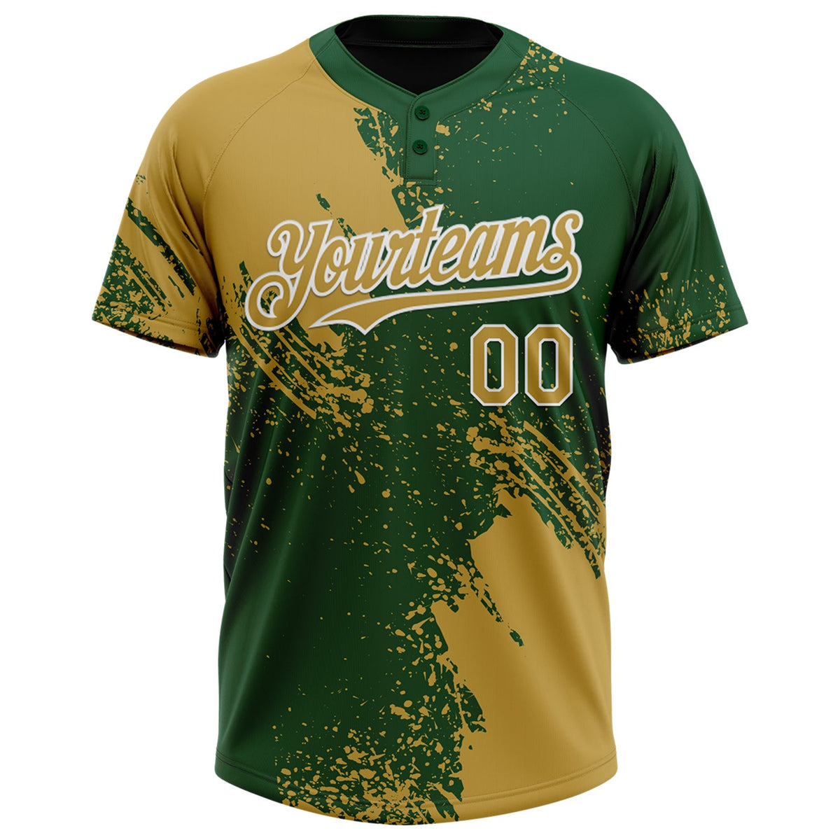 Custom Old Gold Green-White 3D Pattern Abstract Brush Stroke Two-Button Unisex Softball Jersey Limited