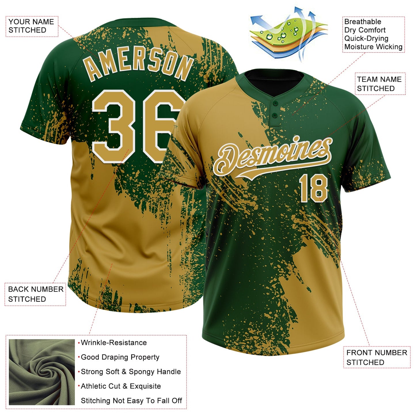 Custom Old Gold Green-White 3D Pattern Abstract Brush Stroke Two-Button Unisex Softball Jersey Limited