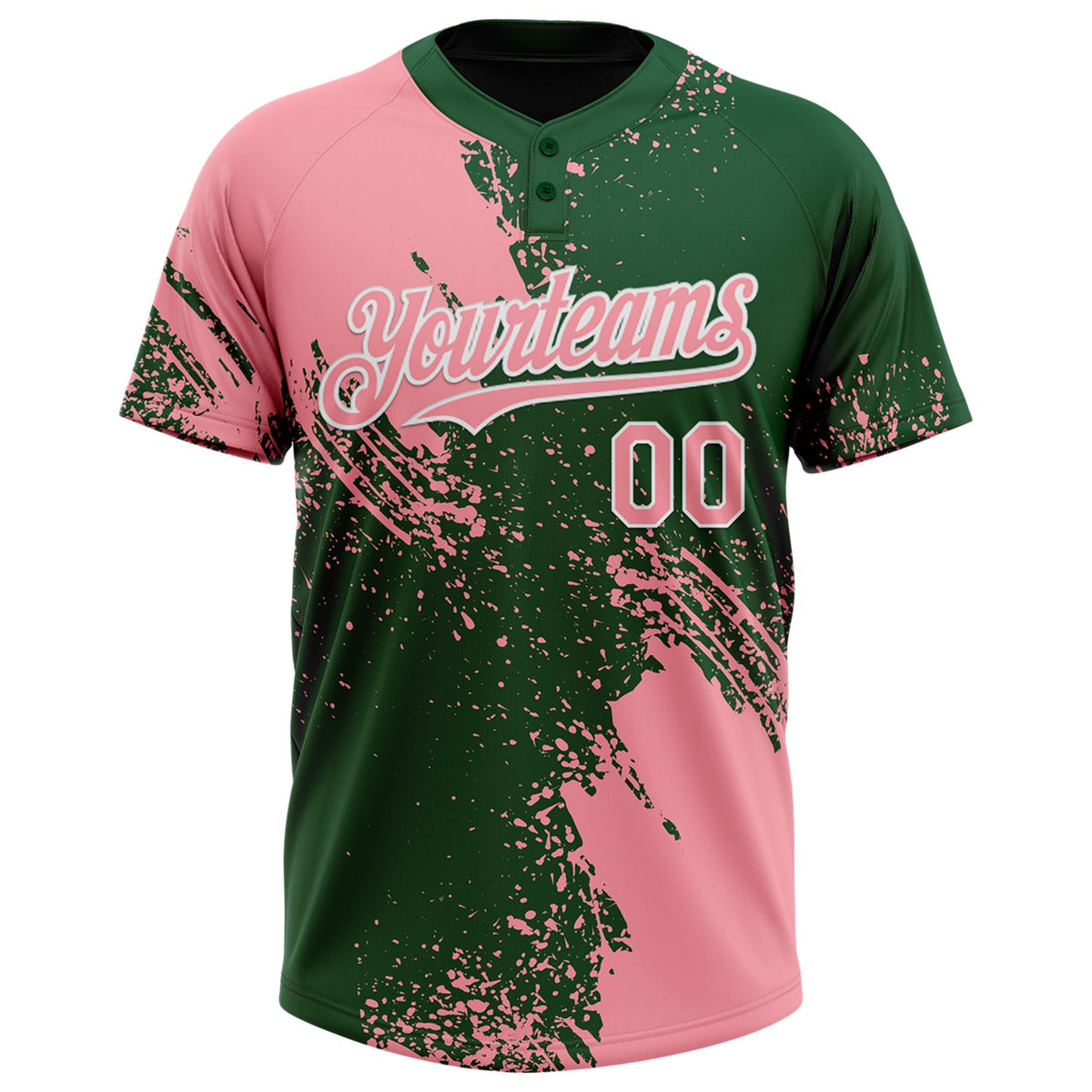 Custom Medium Pink Green-White 3D Pattern Abstract Brush Stroke Two-Button Unisex Softball Jersey Limited