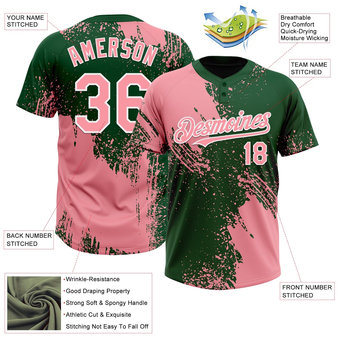 Custom Medium Pink Green-White 3D Pattern Abstract Brush Stroke Two-Button Unisex Softball Jersey Limited
