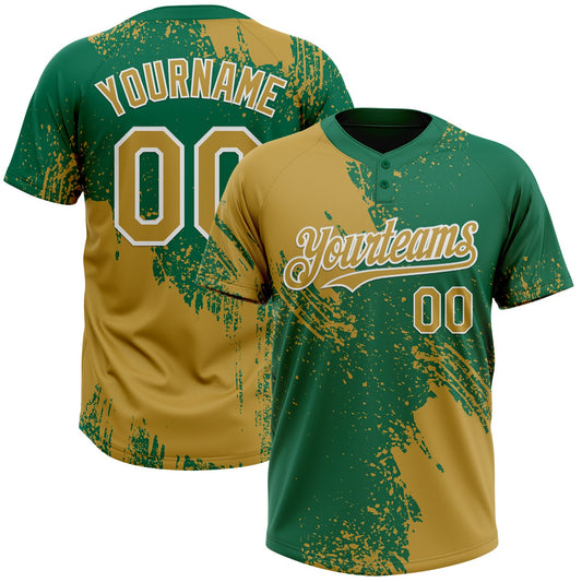 Custom Old Gold Kelly Green-White 3D Pattern Abstract Brush Stroke Two-Button Unisex Softball Jersey