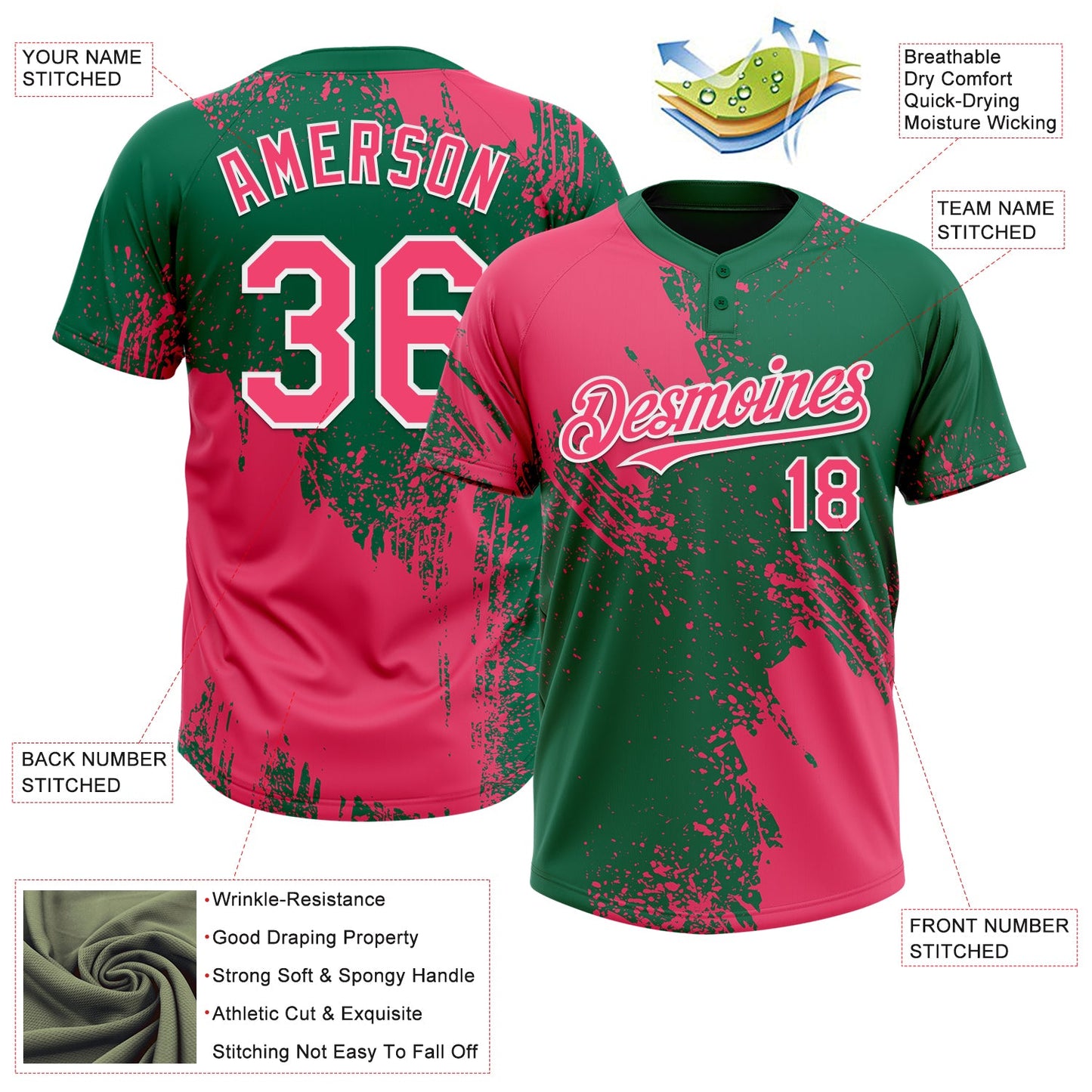 Custom Neon Pink Kelly Green-White 3D Pattern Abstract Brush Stroke Two-Button Unisex Softball Jersey Limited