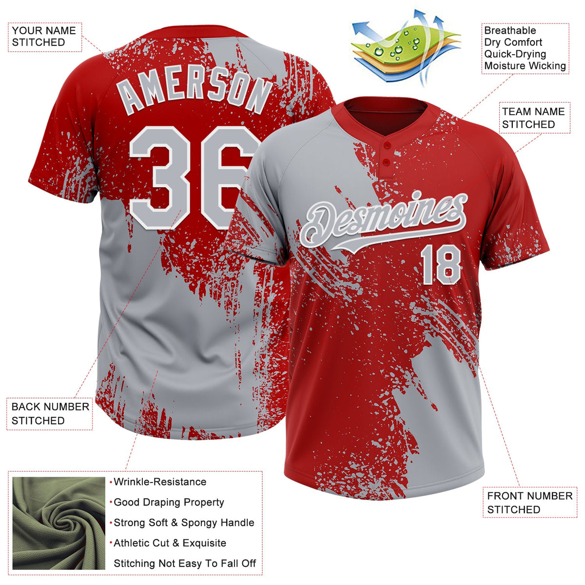 Custom Gray Red-White 3D Pattern Abstract Brush Stroke Two-Button Unisex Softball Jersey Limited