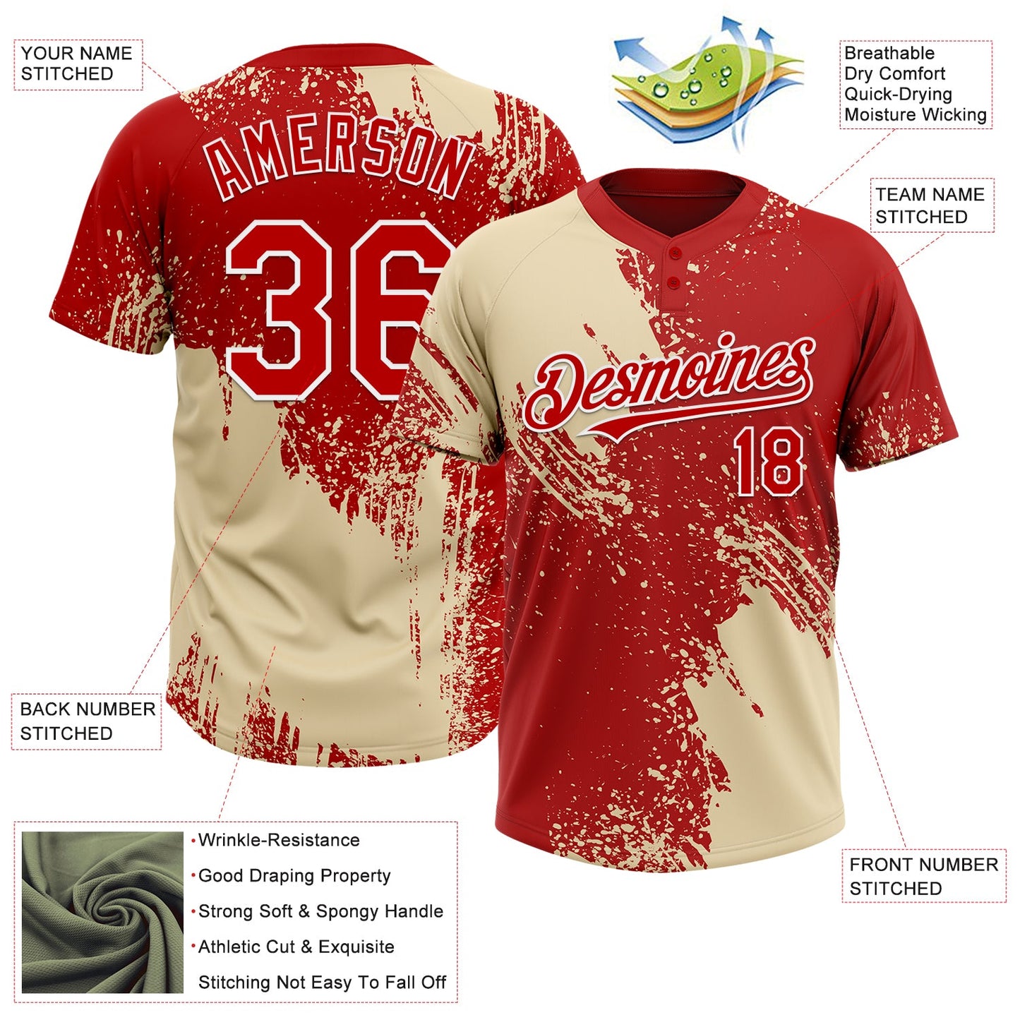 Custom Cream Red-White 3D Pattern Abstract Brush Stroke Two-Button Unisex Softball Jersey Limited