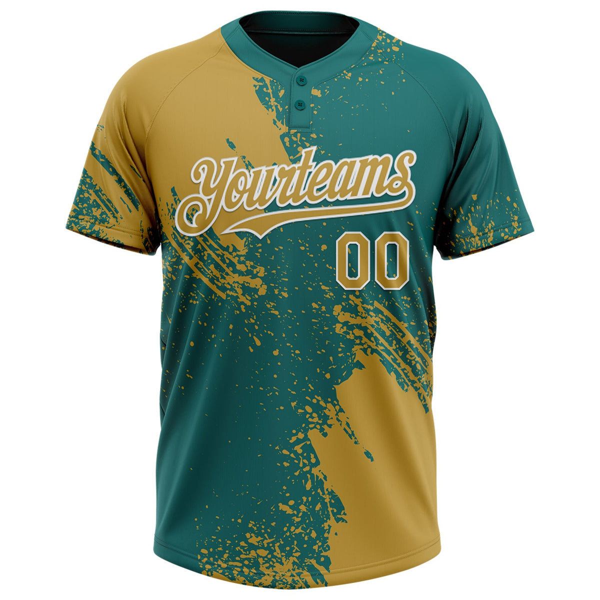 Custom Old Gold Teal-White 3D Pattern Abstract Brush Stroke Two-Button Unisex Softball Jersey Limited