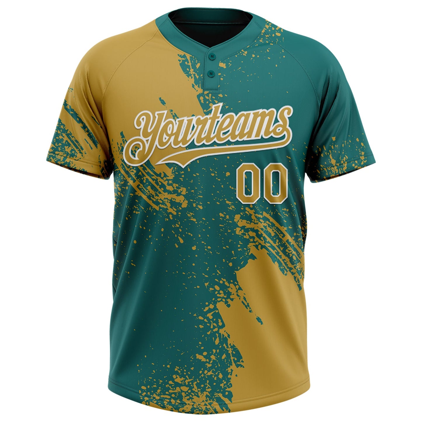 Custom Old Gold Teal-White 3D Pattern Abstract Brush Stroke Two-Button Unisex Softball Jersey Limited