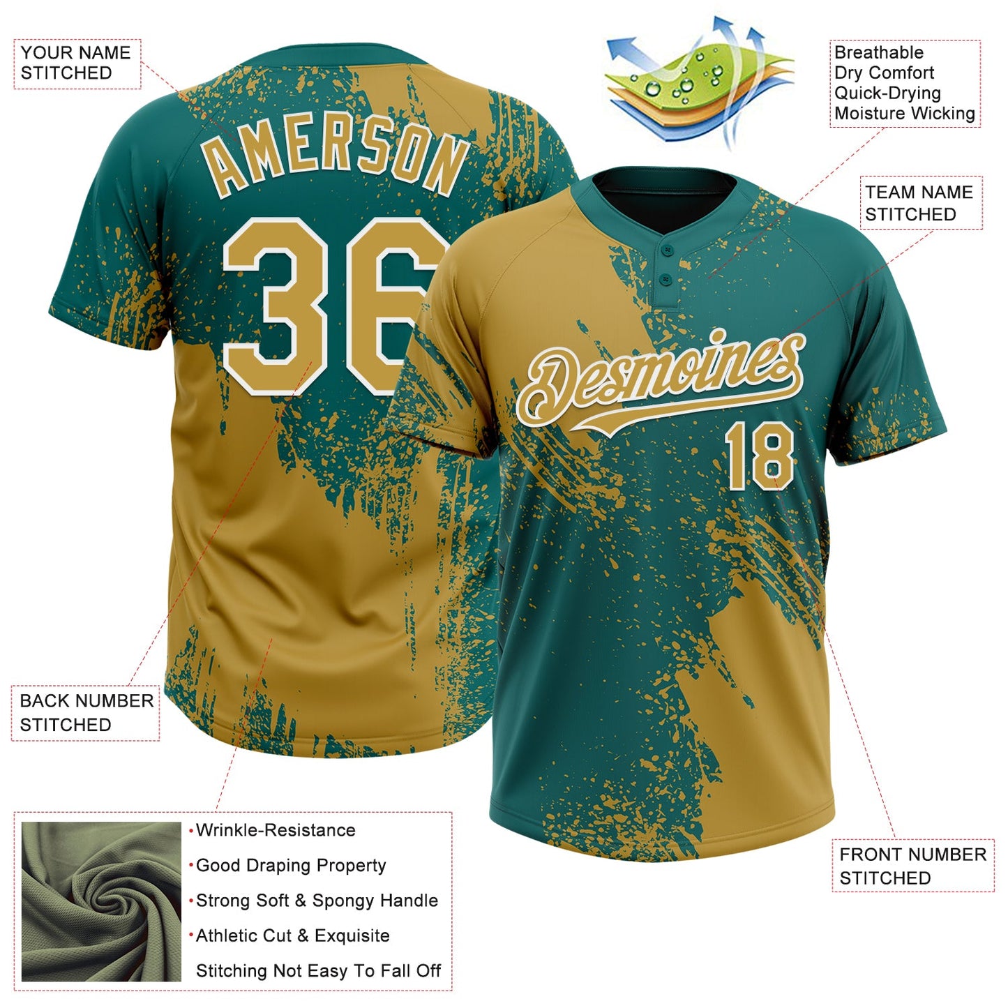 Custom Old Gold Teal-White 3D Pattern Abstract Brush Stroke Two-Button Unisex Softball Jersey Limited