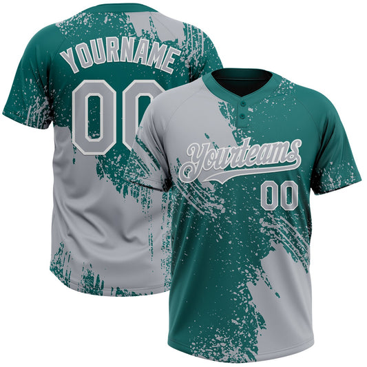 Custom Gray Teal-White 3D Pattern Abstract Brush Stroke Two-Button Unisex Softball Jersey