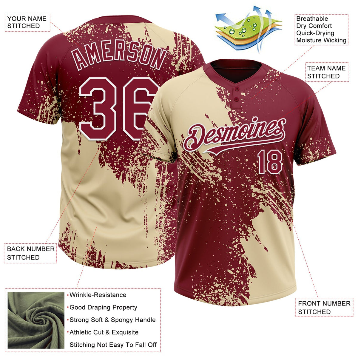 Custom Cream Crimson-White 3D Pattern Abstract Brush Stroke Two-Button Unisex Softball Jersey Limited