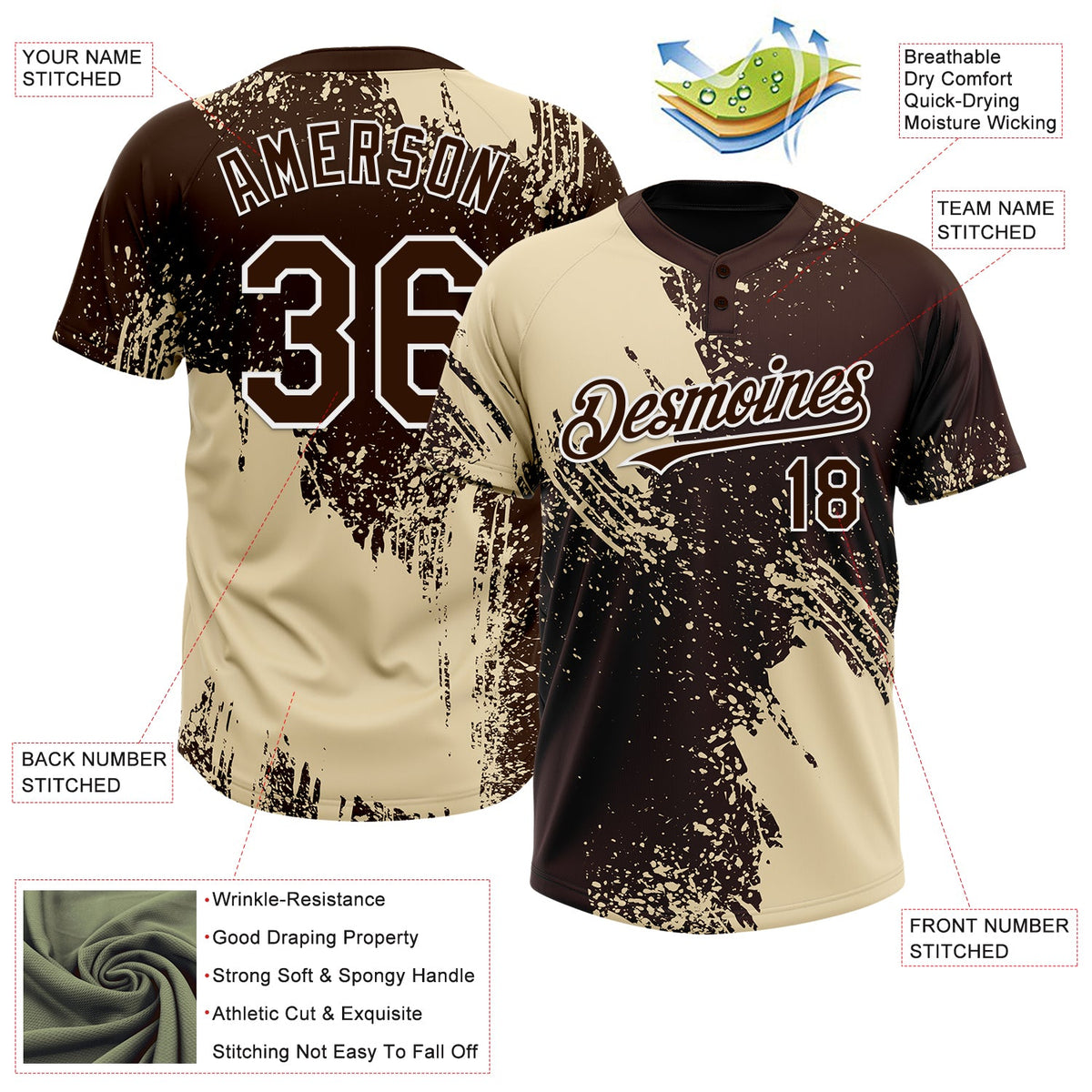 Custom Cream Brown-White 3D Pattern Abstract Brush Stroke Two-Button Unisex Softball Jersey Limited