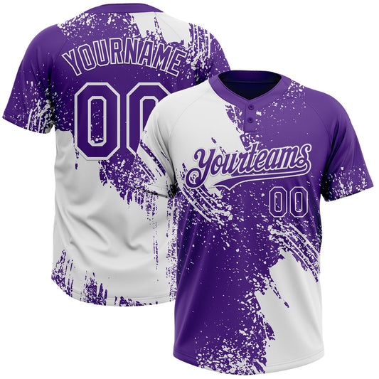 Custom White Purple 3D Pattern Abstract Brush Stroke Two-Button Unisex Softball Jersey